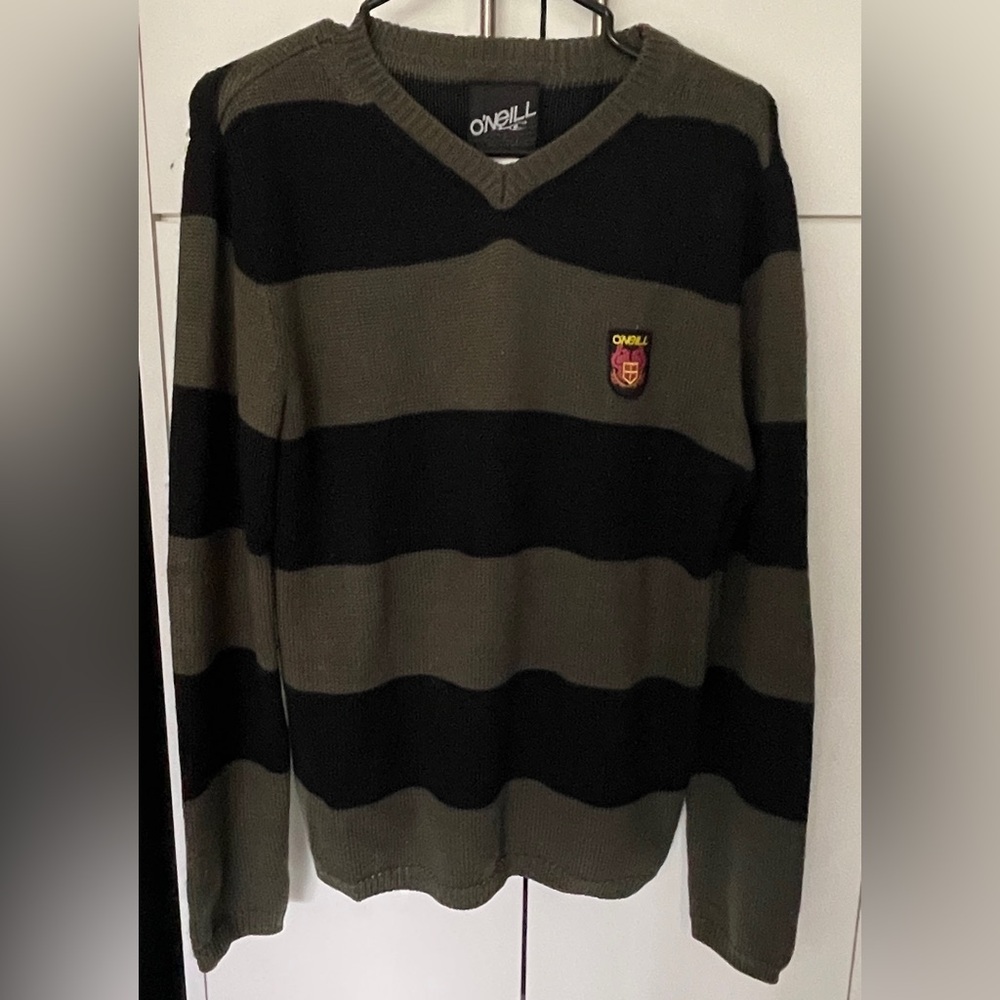 Men’s O’Neill Acrylic Wool Pullover Sweater Black And Green Stripes Size Small S